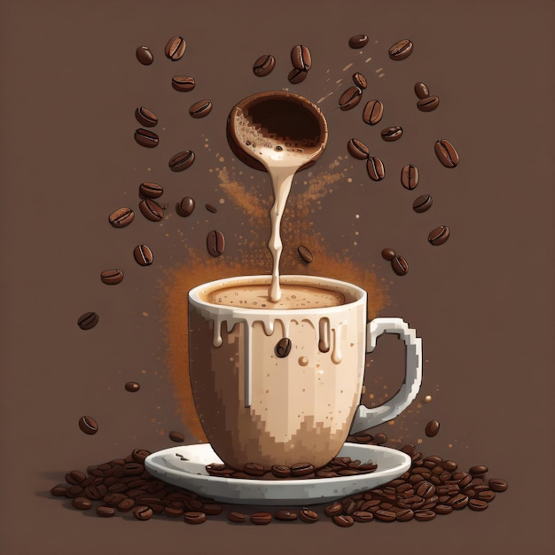 Una taza de café con granos de café y granos de café.