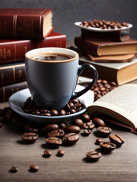 Taza de café con granos de café y el libro