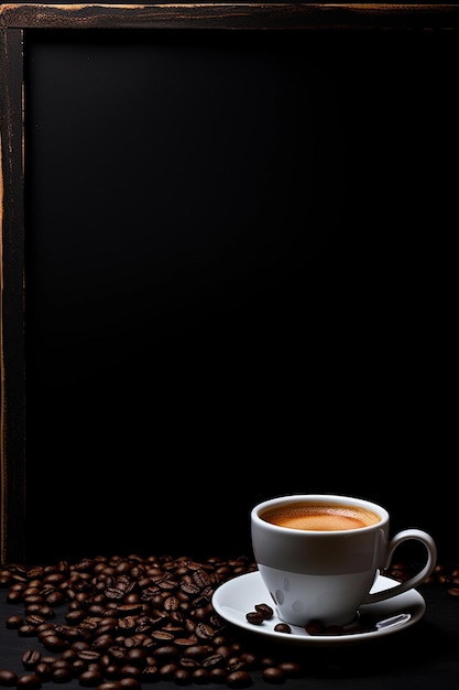 Foto taza de café con granos de café en la mesa de café oscura