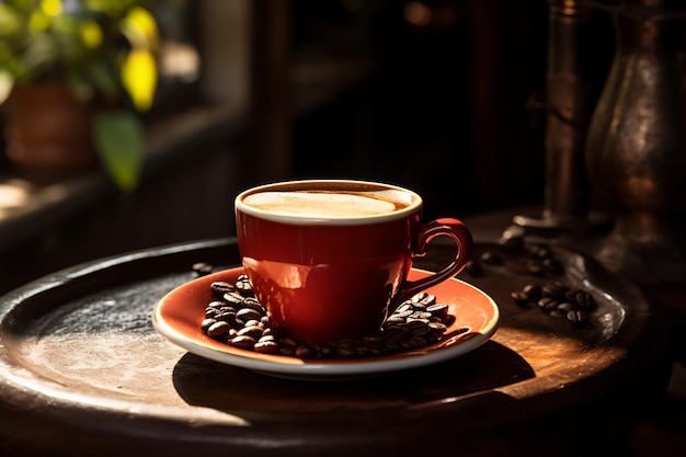 una taza de café y granos de café en la mesa creados por tecnología de IA generativa