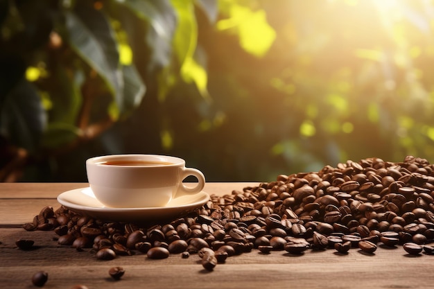 Taza de café y granos de café en la mesa de madera en la cafetería.