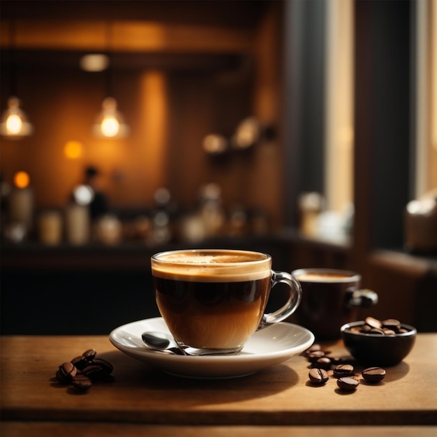 Taza de café y granos de café en la mesa de madera en la cafetería.