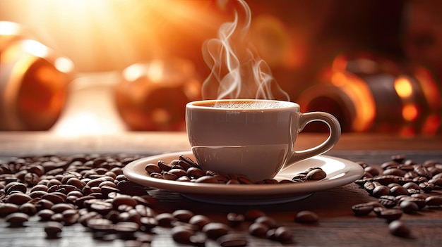 Taza de café y granos de café en una mesa de madera Fondo de café