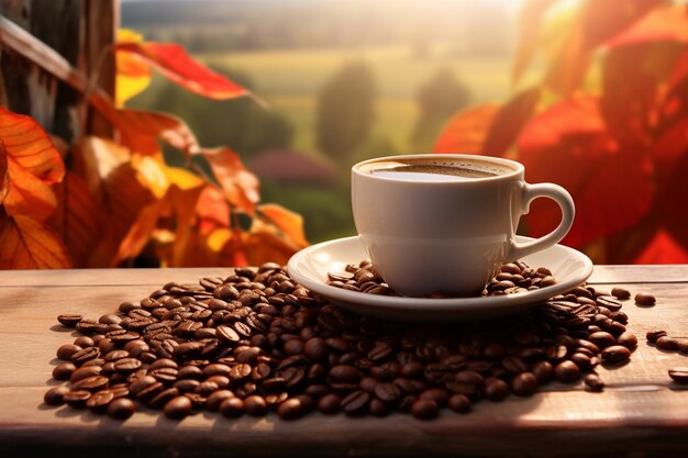 Taza de café y granos de café en una mesa de madera con fondo de otoño