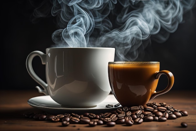 Taza de café y granos de café en una mesa de madera con un generador de humo