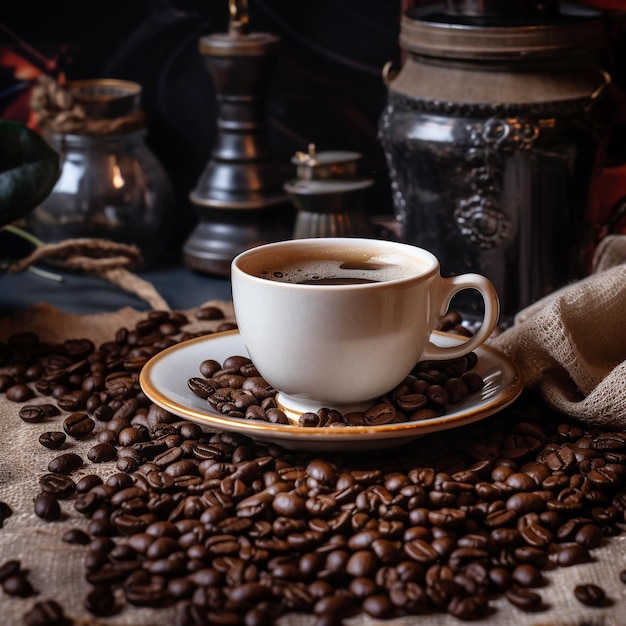 Taza de café y granos de café en una mesa