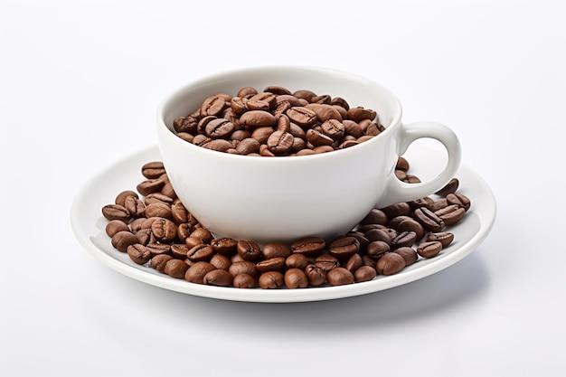 Taza de café con granos de café en un platillo sobre un fondo blanco