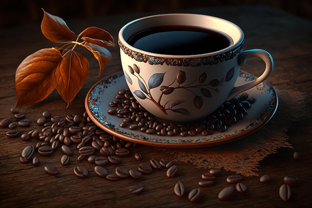 Taza de café y granos de café en un plato perfecto para un amante del café Una taza de café en un plato junto a los granos de café