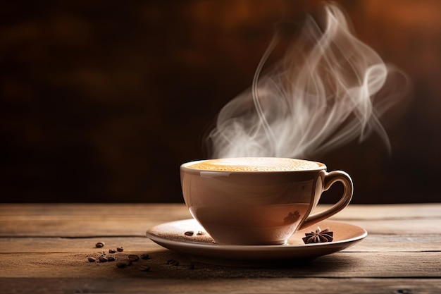 Taza de café con granos de café de primer plano con fondo oscuro