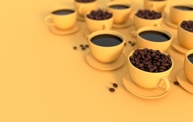Taza de café y granos de café realistas fondo de renderizado 3d