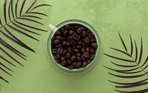 Taza de café y granos de café realistas, planos, hojas de palmera tropical, renderizado