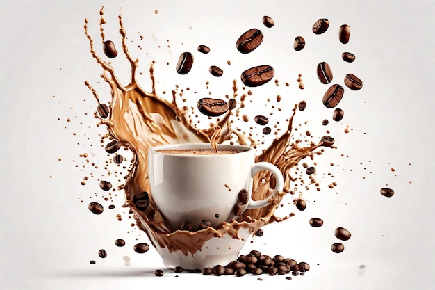 Taza de café con granos de café y salpicaduras sobre un fondo blanco