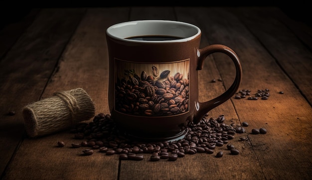 Una taza de café con granos de café se sienta sobre una mesa de madera.