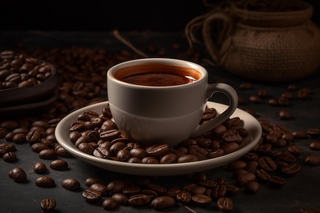 Taza de café y granos de café sobre un fondo de madera oscura