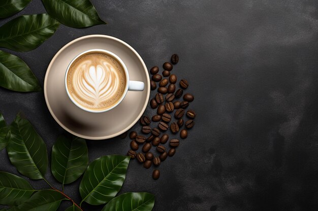 Taza de café y granos de café sobre fondo de madera