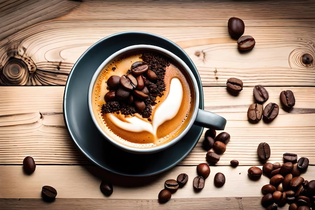 Taza de café y granos de café sobre fondo de madera