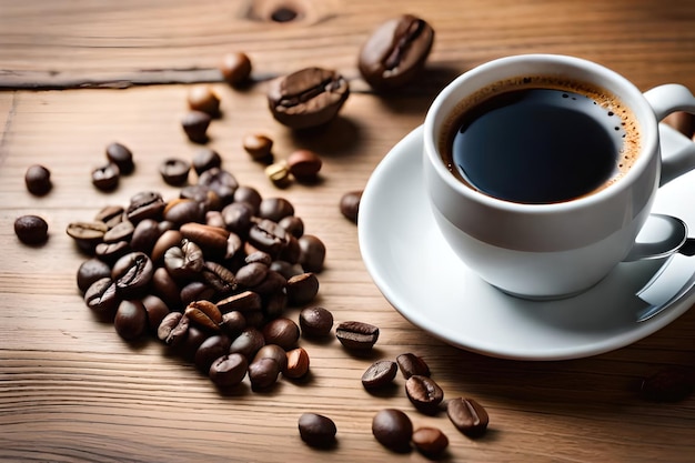 Taza de café y granos de café sobre fondo de madera