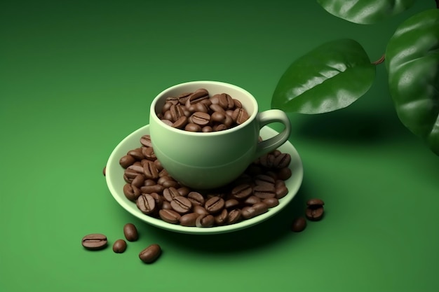 Taza de café con granos de café sobre fondo verde IA generativa