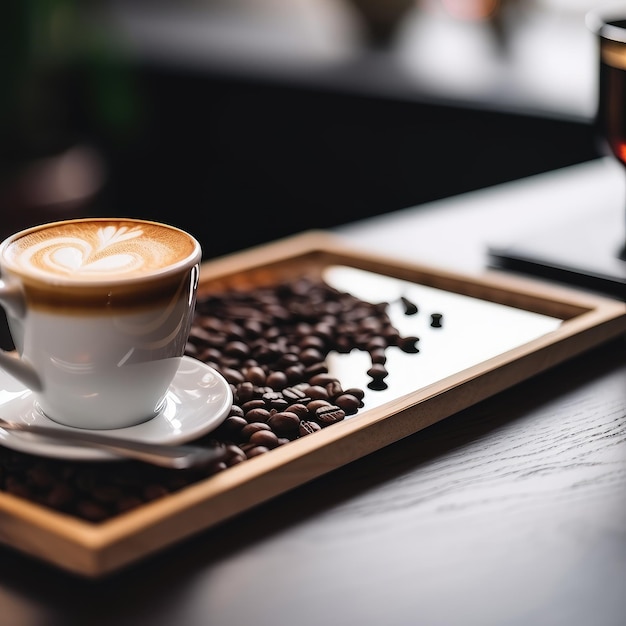 Una taza de café y granos de café sobre la mesa