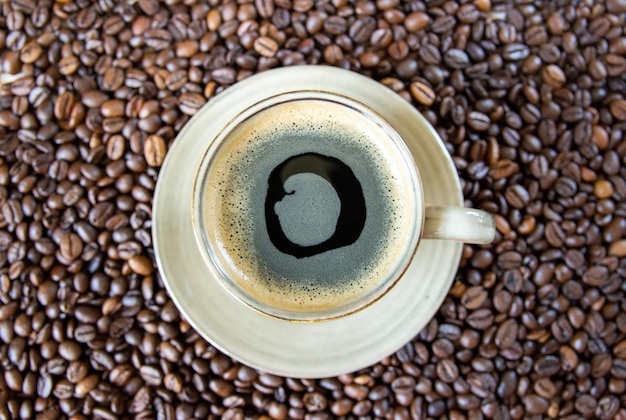 Taza con café en los granos de café tostados