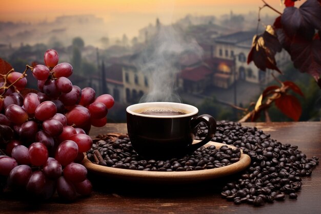 Taza de café con granos de café y uvas en una mesa de madera