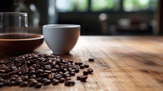 Una taza de café y granos de café.