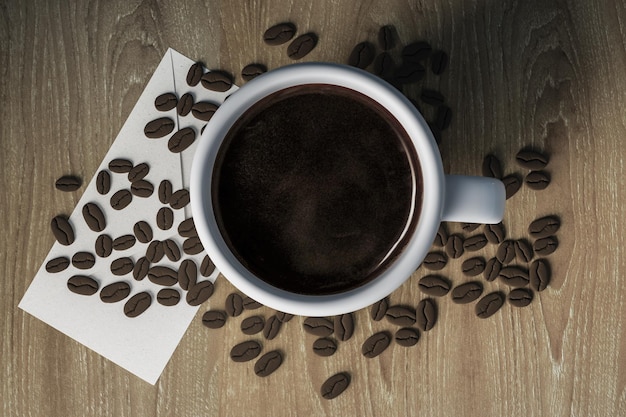 Taza de café y granos de café