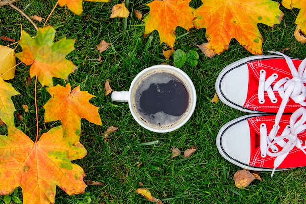 Taza de café y gumshoes rojo con hojas de arce sobre una hierba verde en un jardín.