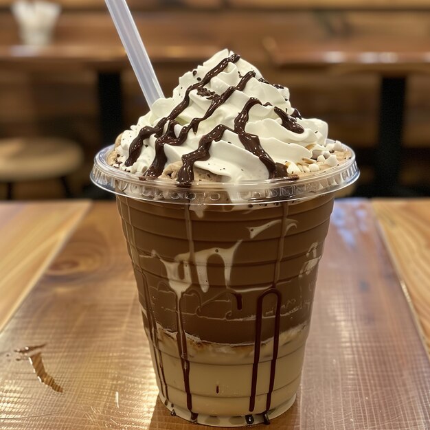 Foto una taza de café helado con una pajita en la mesa