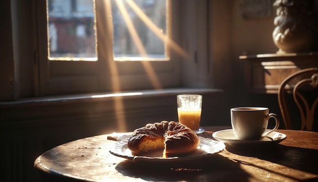 Taza de café y una hogaza de pan Rayo de sol de la mañana que viene de la ventana