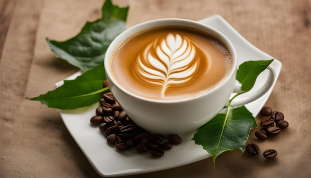 una taza de café con una hoja encima y granos de café en un plato