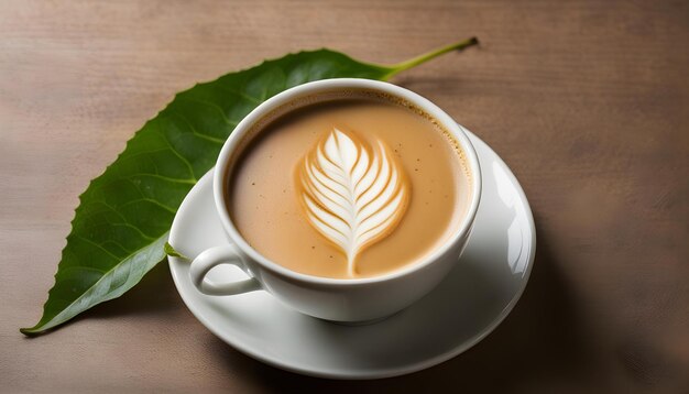 Foto una taza de café con una hoja en la parte superior