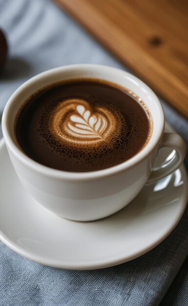 una taza de café con una hoja en la parte superior