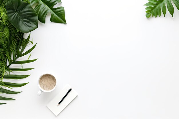 una taza de café y una hoja verde en una mesa