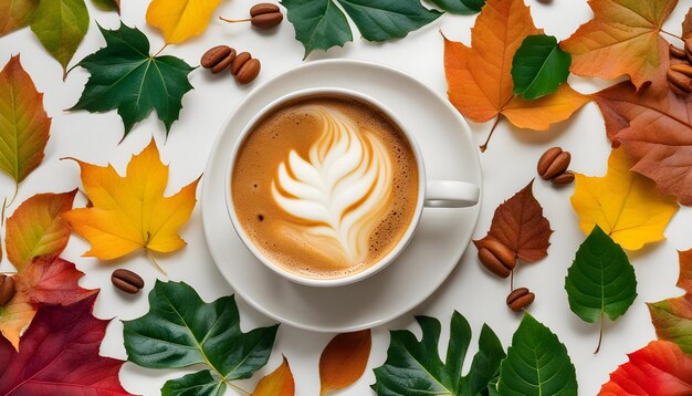 taza de café con hojas y café sobre un fondo blanco