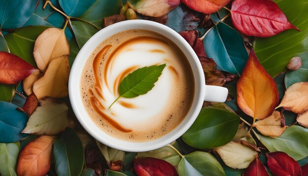 Foto una taza de café con hojas y una hoja en la mesa