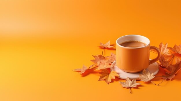 Una taza de café con hojas de otoño en el fondo.