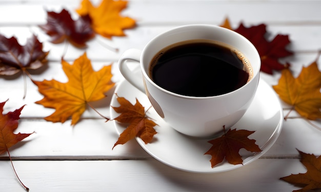 Foto taza de café y hojas de otoño en una mesa de madera blanca