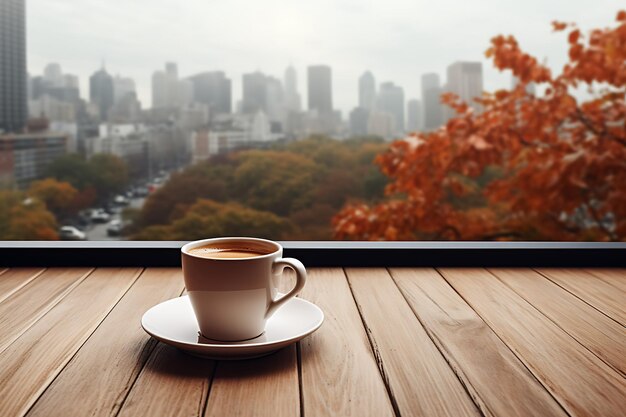 Taza de café y hojas de otoño en una mesa de madera con vista a la ciudad en el fondo