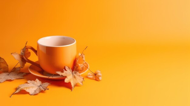 Una taza de café con hojas de otoño sobre un fondo amarillo