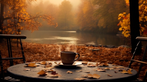 taza de café en las hojas de otoño