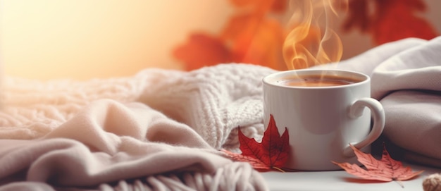 Taza de café y hojas de otoño