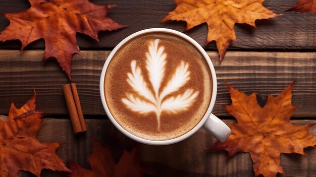 Una taza de café con hojas sobre la mesa.