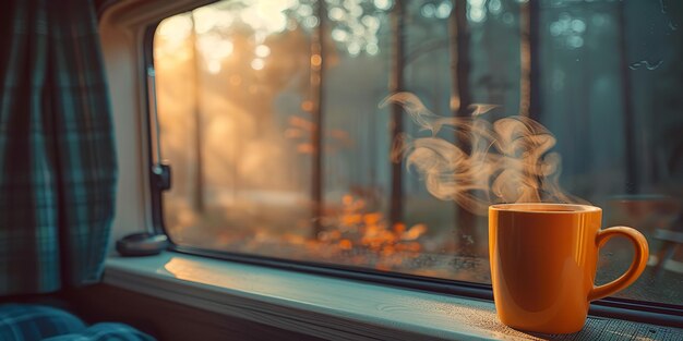 Foto una taza de café humeante en el alféizar de la ventana de un campista