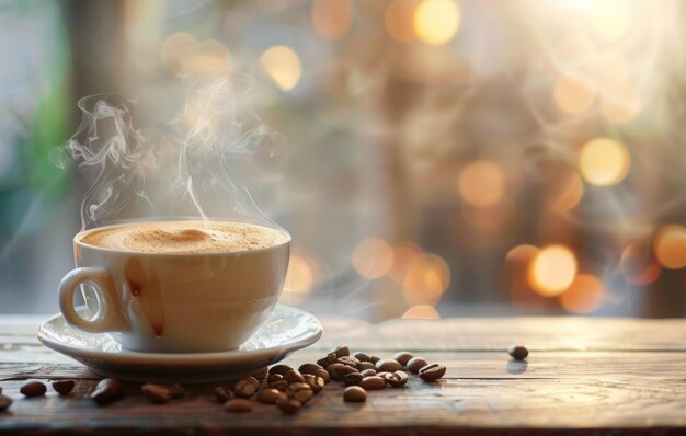 Taza de café humeante con arte artístico de espuma de latte en una mesa de madera rústica con granos de café esparcidos a su lado