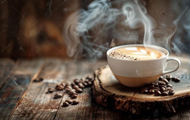 Taza de café humeante con arte artístico de espuma de latte en una mesa de madera rústica con granos de café esparcidos a su lado