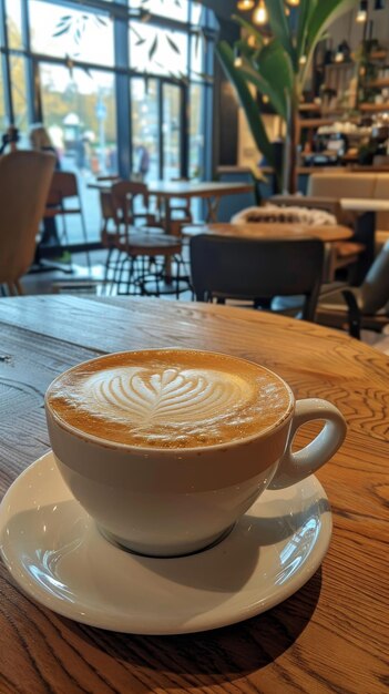 Una taza de café humeante con arte latte en una mesa de madera iluminada por la luz solar que se filtra a través de una ventana