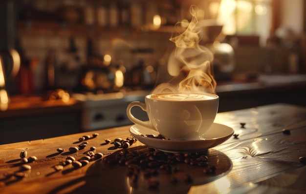 Una taza de café humeante con arte latte en un platillo decorado con granos de café en una mesa de madera rústica en un entorno de cocina acogedor