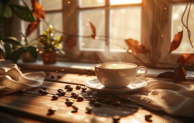 Una taza de café humeante con arte latte en un platillo decorado con granos de café en una mesa de madera rústica en un entorno de cocina acogedor