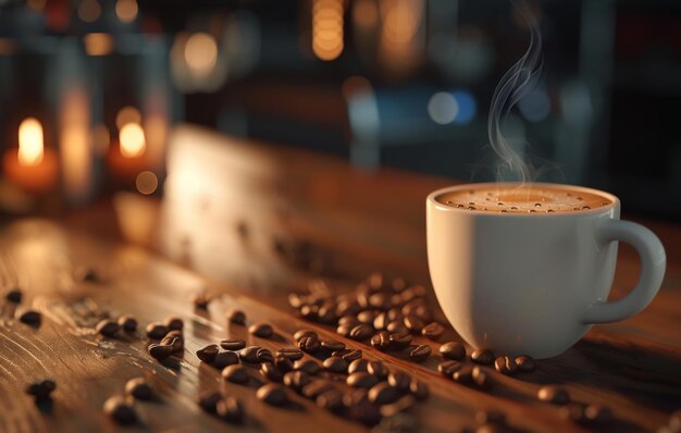 Una taza de café humeante se encuentra en medio de granos esparcidos con luces cálidas en el fondo borroso creando una atmósfera acogedora